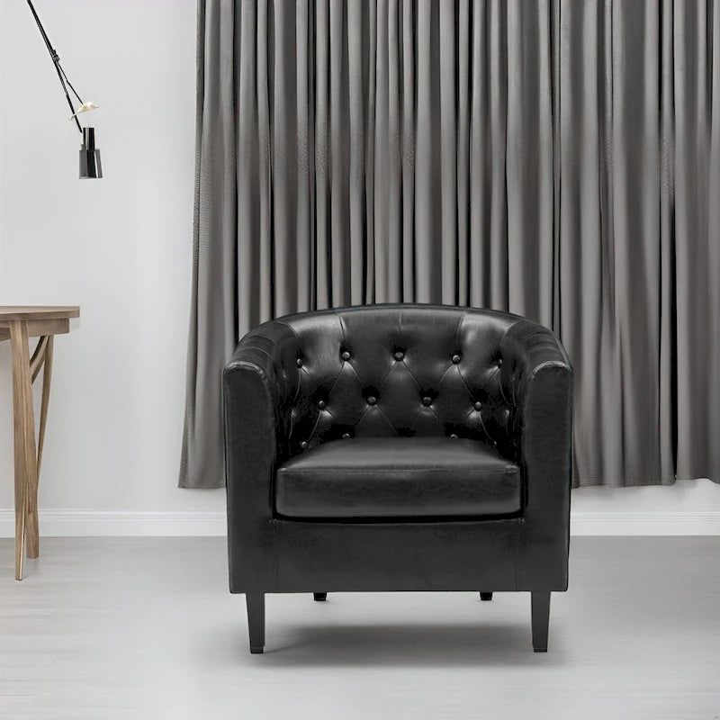 Accent Chair, Button Tufted Faux Leather Barrel Chair, Midcentury Modern Accent Chair, Comfy Armchair, Tub Barrel Chairs