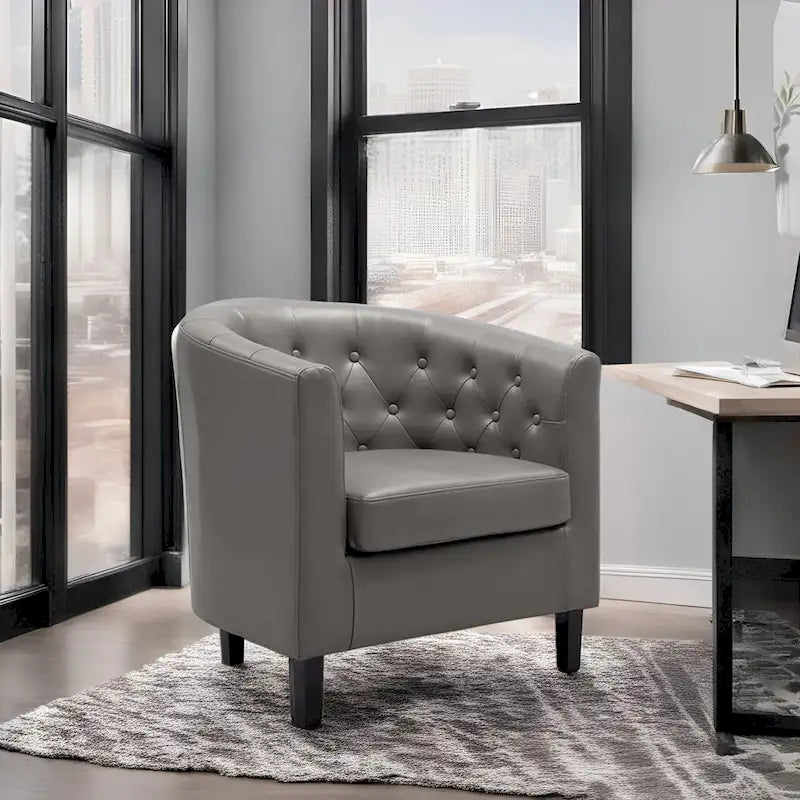Accent Chair, Button Tufted Faux Leather Barrel Chair, Midcentury Modern Accent Chair, Comfy Armchair, Tub Barrel Chairs