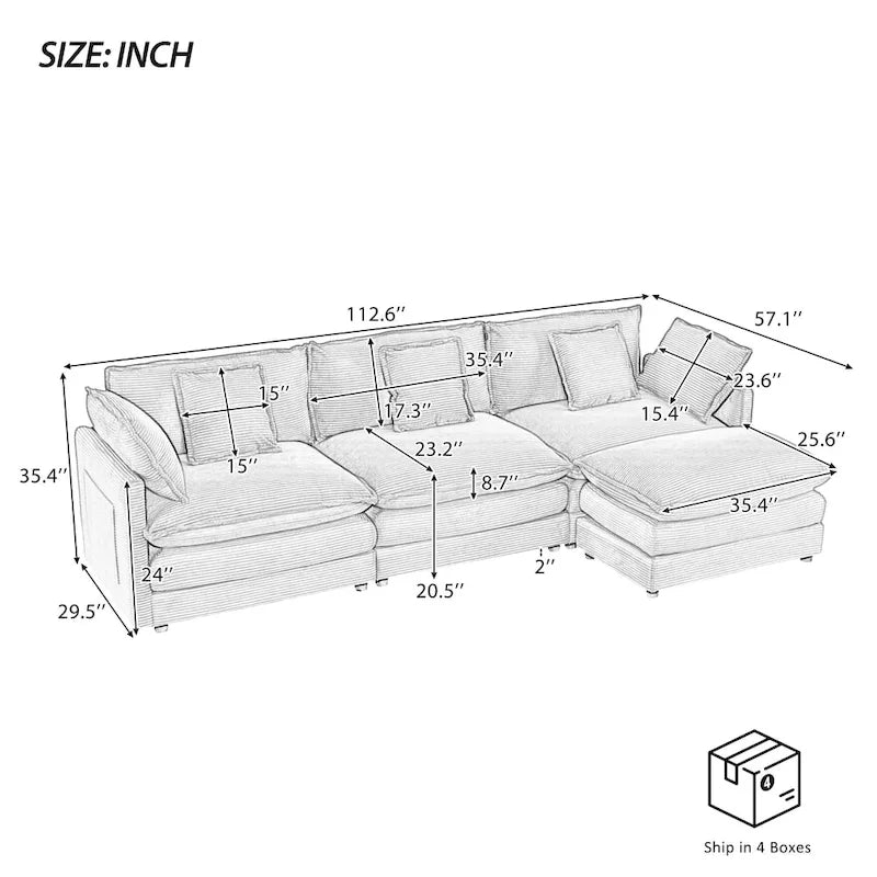 Sectional Sofa with Movable Ottoman Corduroy L-Shaped Upholstered Deep Seat Couch with Lumbar Pillows and Side Pockets