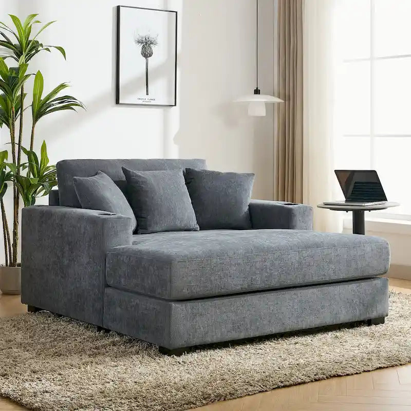 Oversized Chaise Lounger Modern Sofa Couch with Pillows, Charge Station & Cup Holders