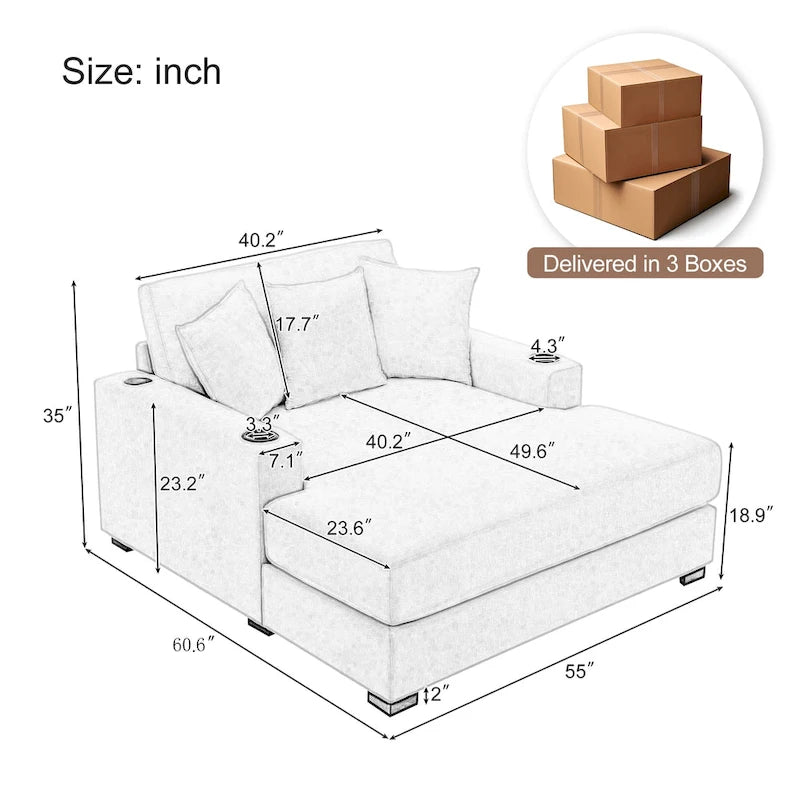 Oversized Chaise Lounger Modern Sofa Couch with Pillows, Charge Station & Cup Holders