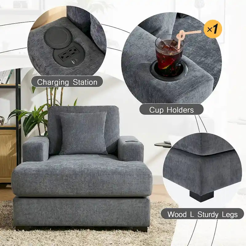 Oversized Chaise Lounger Modern Sofa Couch with Pillows, Charge Station & Cup Holders