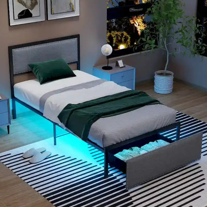 Gymax Twin Size Bed Frame w/ Storage Drawer Metal Platform Bed w/ LED
