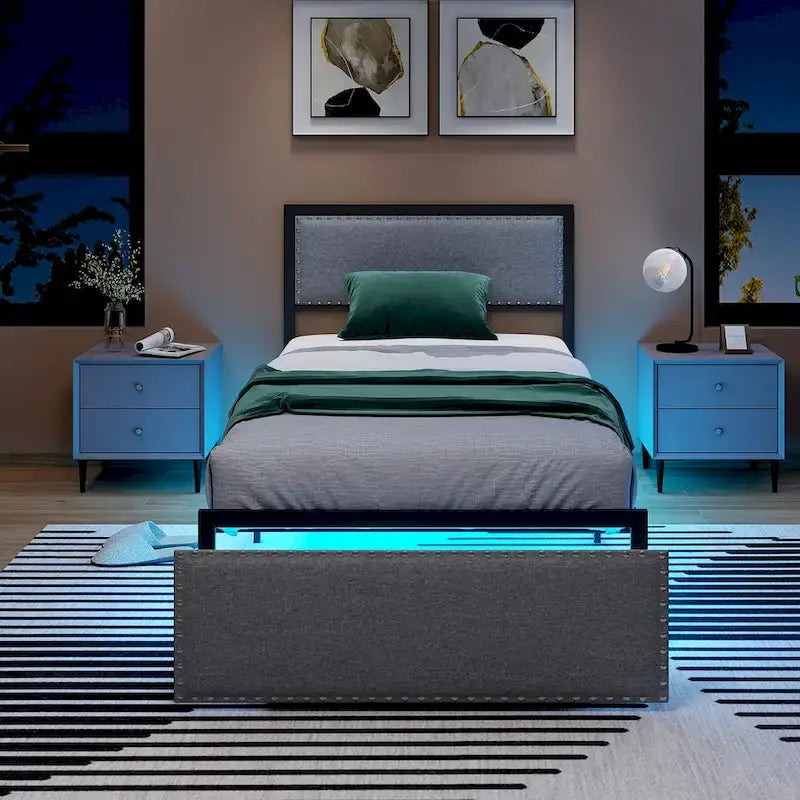 Gymax Twin Size Bed Frame w/ Storage Drawer Metal Platform Bed w/ LED