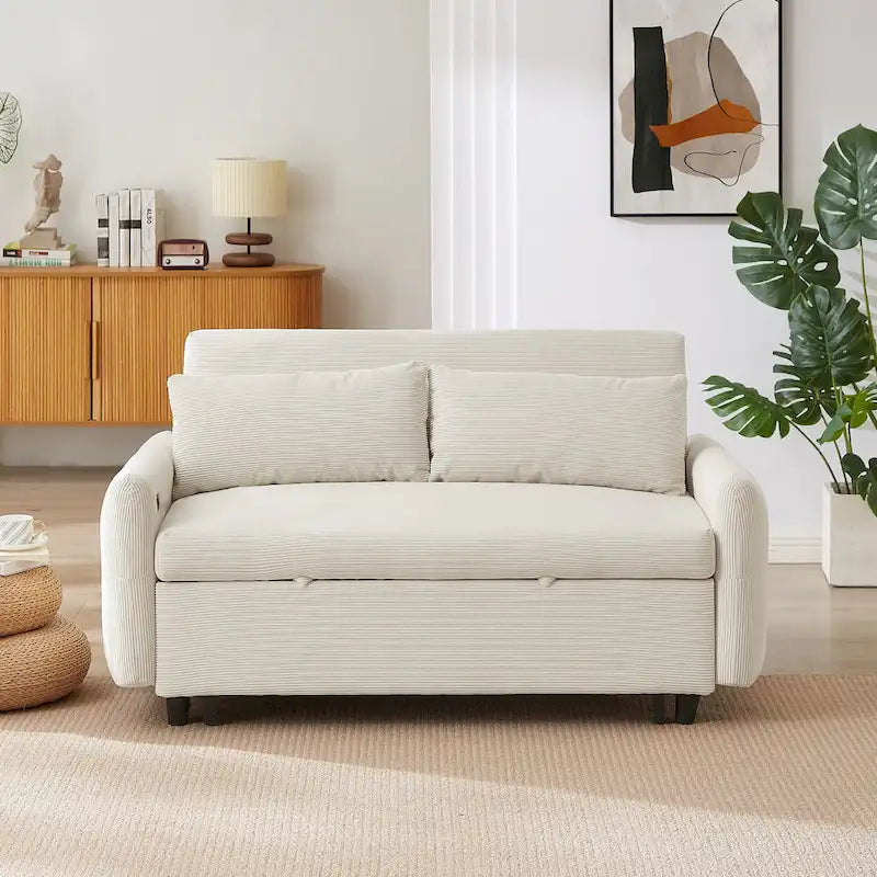 Roomfitters Pull-Out Sofa Bed Convertible 2-Seat Loveseat with Throw Pillows and USB Ports, Modern Sleeper Sofa, Beige