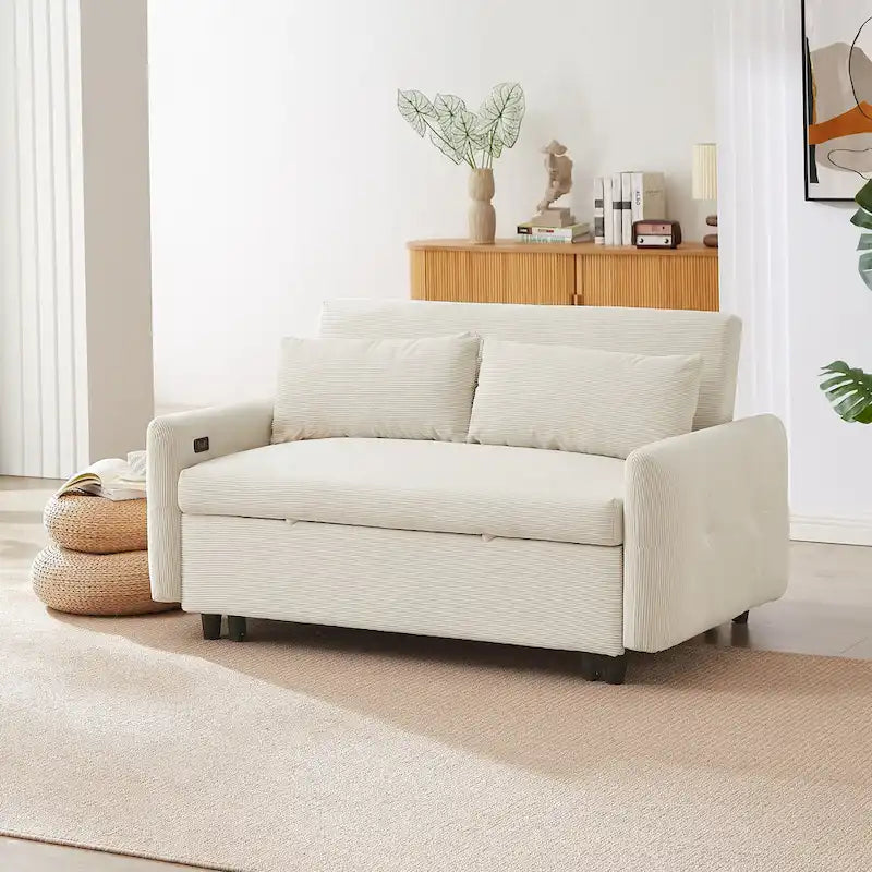 Roomfitters Pull-Out Sofa Bed Convertible 2-Seat Loveseat with Throw Pillows and USB Ports, Modern Sleeper Sofa, Beige