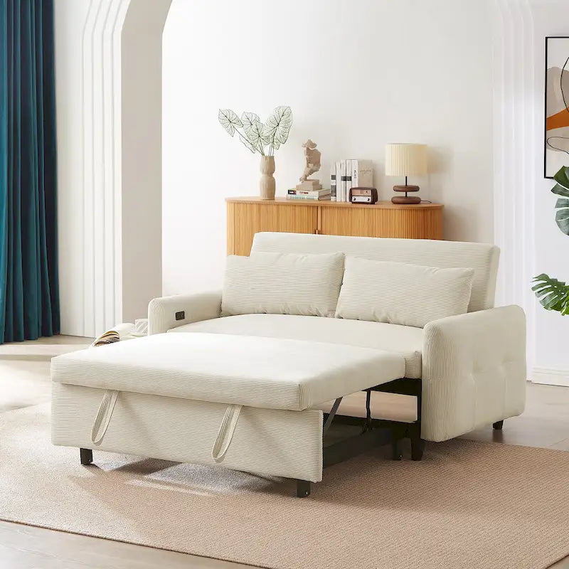 Roomfitters Pull-Out Sofa Bed Convertible 2-Seat Loveseat with Throw Pillows and USB Ports, Modern Sleeper Sofa, Beige