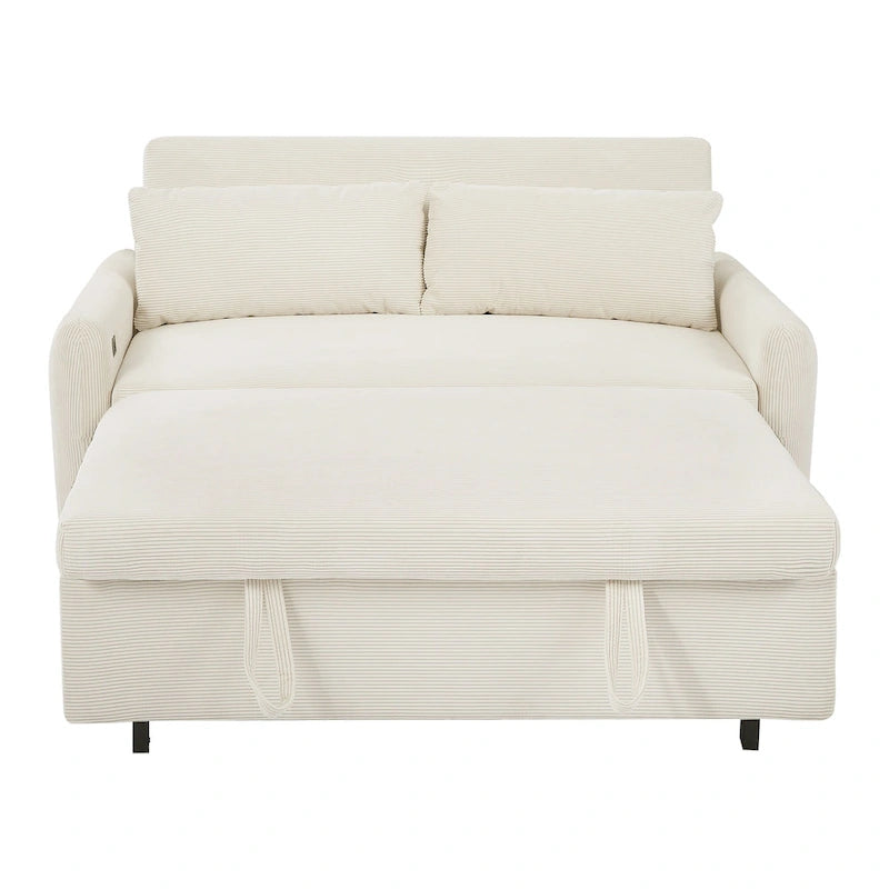 Roomfitters Pull-Out Sofa Bed Convertible 2-Seat Loveseat with Throw Pillows and USB Ports, Modern Sleeper Sofa, Beige
