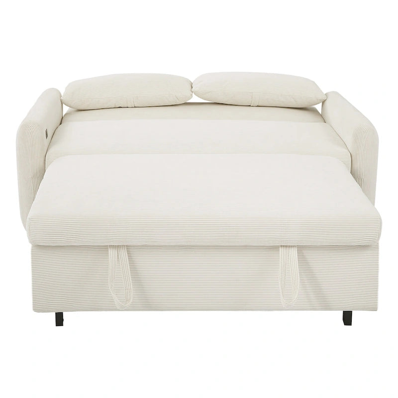 Roomfitters Pull-Out Sofa Bed Convertible 2-Seat Loveseat with Throw Pillows and USB Ports, Modern Sleeper Sofa, Beige