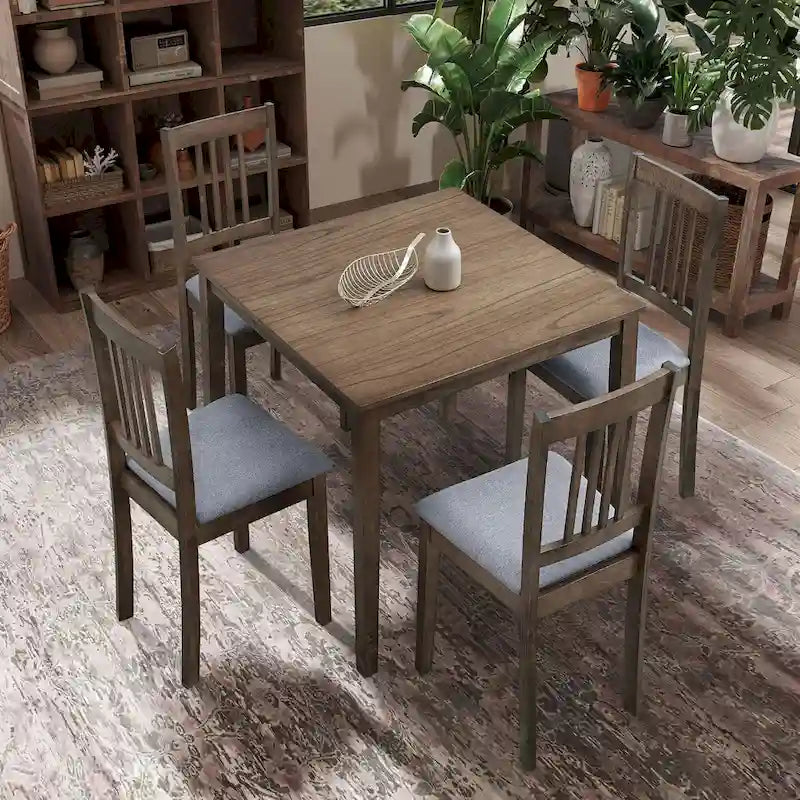 Kitchen Breakfast Nook Dining Table Chairs Set Square Wooden Dining Table Casual Dining Table with 4 Upholstered Dining Chairs