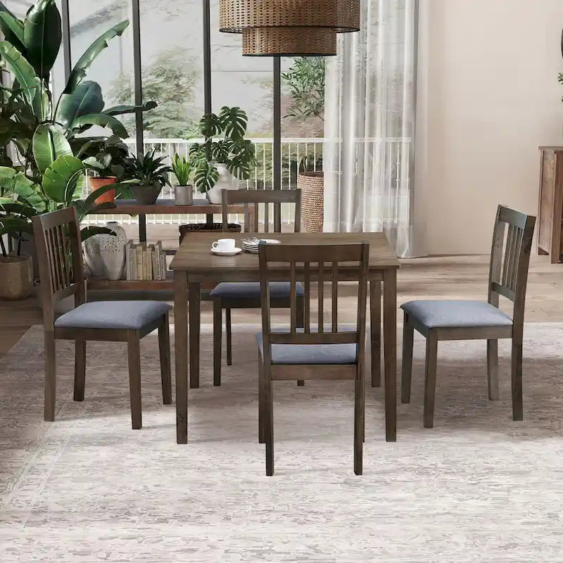 Kitchen Breakfast Nook Dining Table Chairs Set Square Wooden Dining Table Casual Dining Table with 4 Upholstered Dining Chairs