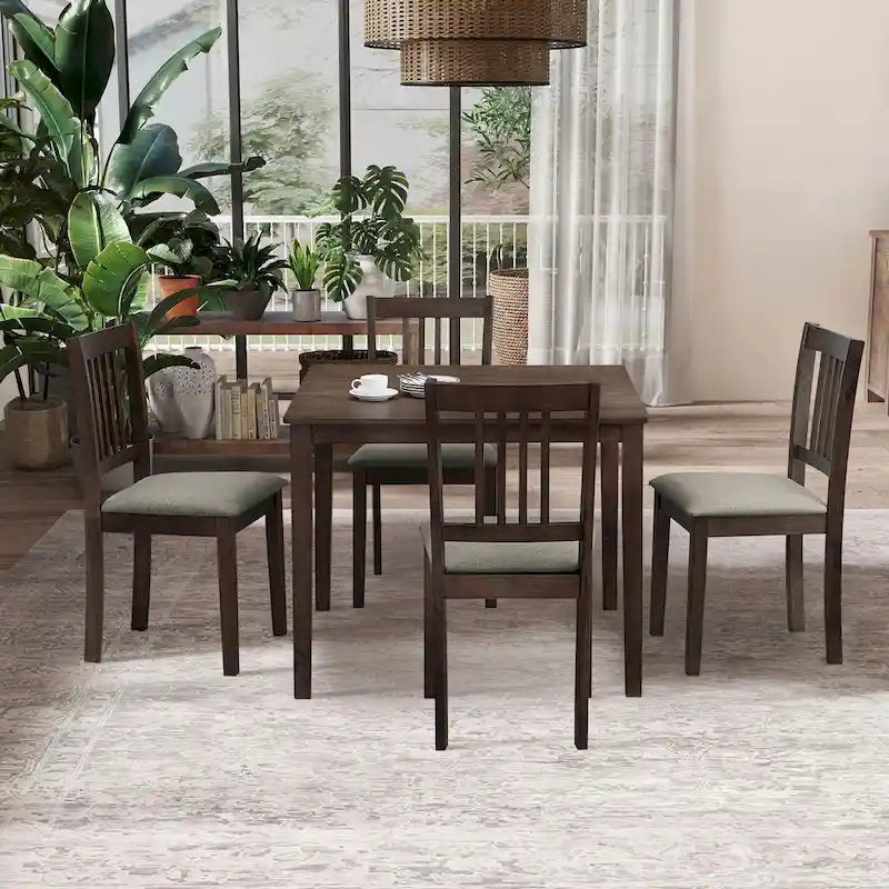 Kitchen Breakfast Nook Dining Table Chairs Set Square Wooden Dining Table Casual Dining Table with 4 Upholstered Dining Chairs