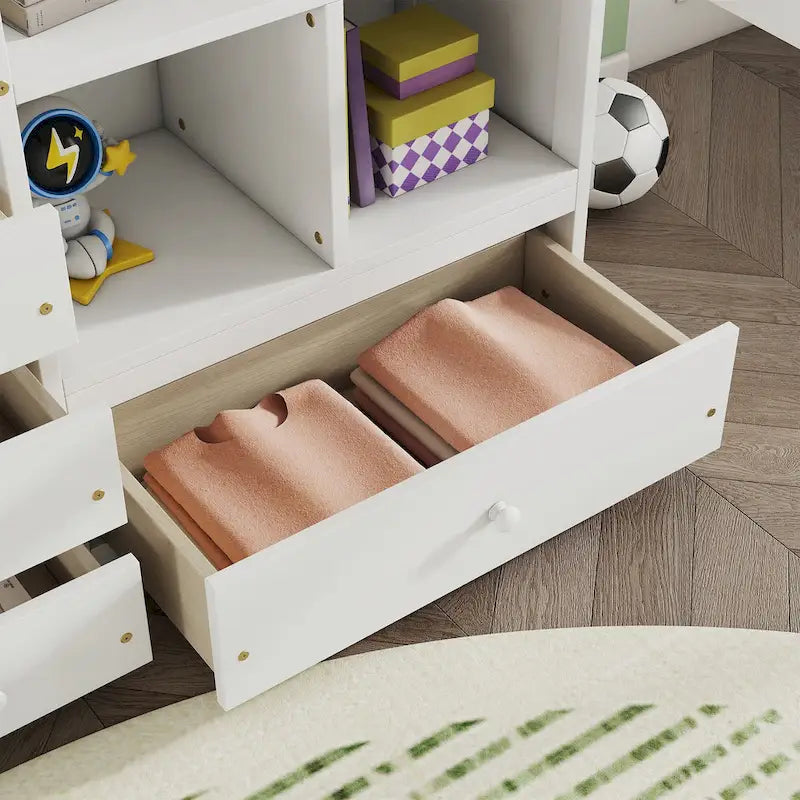 Full Size Wood Loft Bed with L Shaped Desk,Storage Shelves and Drawers