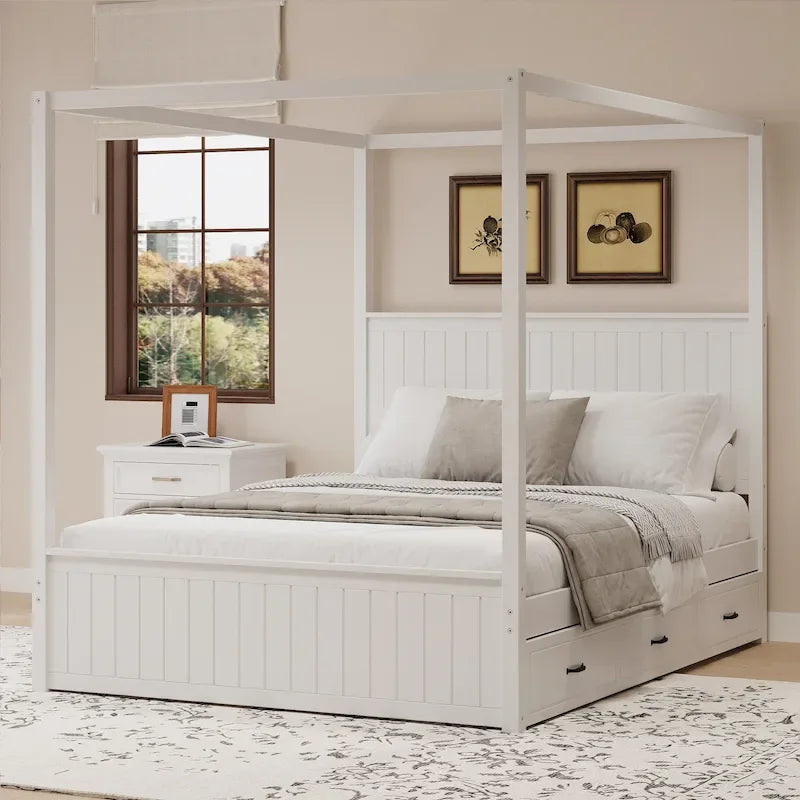 Queen Size Platform Canopy Bed with Trundle Bed and 3 Drawers Storage Bed, 4-post Solid Wood Bed Frame with Wingback Headboard