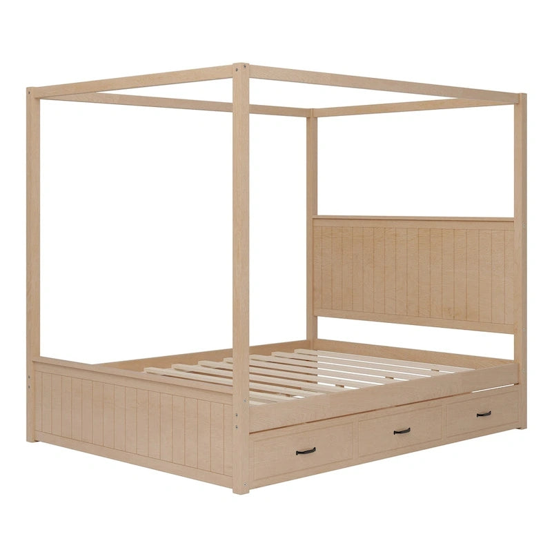 Queen Size Platform Canopy Bed with Trundle Bed and 3 Drawers Storage Bed, 4-post Solid Wood Bed Frame with Wingback Headboard