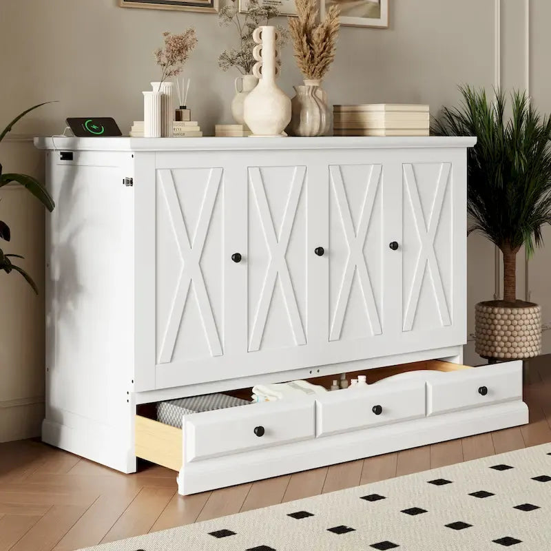Farmhouse Murphy Bed Convertible Space-Saving Cube Chest Cabinet with Large Drawers and Charging Station, Foldable Platform Bed