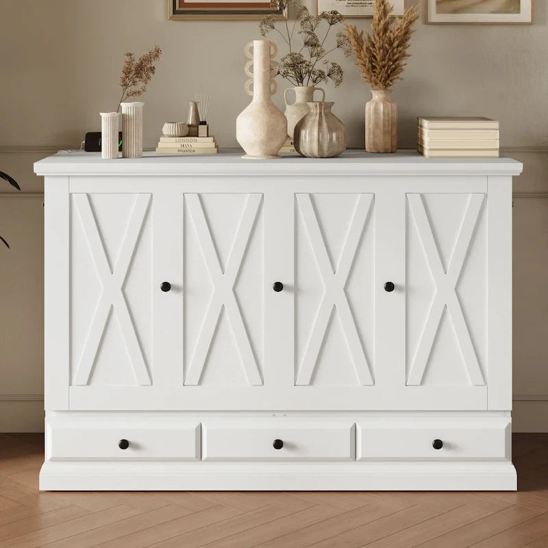 Farmhouse Murphy Bed Convertible Space-Saving Cube Chest Cabinet with Large Drawers and Charging Station, Foldable Platform Bed