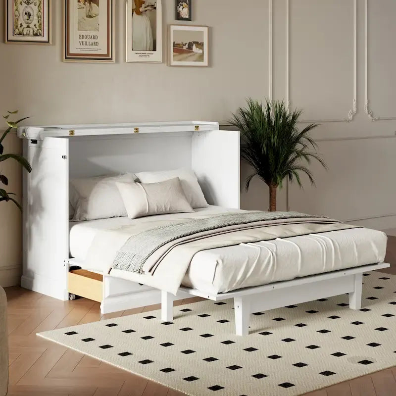 Farmhouse Murphy Bed Convertible Space-Saving Cube Chest Cabinet with Large Drawers and Charging Station, Foldable Platform Bed