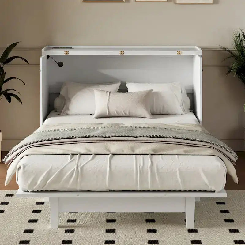 Farmhouse Murphy Bed Convertible Space-Saving Cube Chest Cabinet with Large Drawers and Charging Station, Foldable Platform Bed