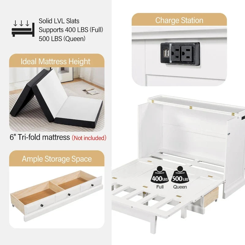 Farmhouse Murphy Bed Convertible Space-Saving Cube Chest Cabinet with Large Drawers and Charging Station, Foldable Platform Bed