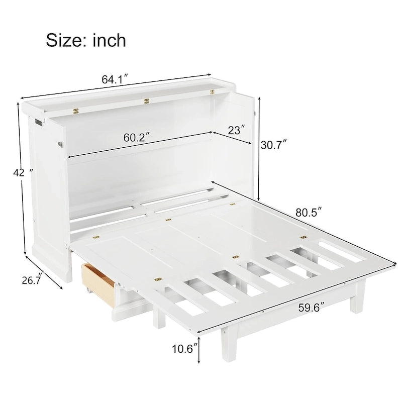 Farmhouse Murphy Bed Convertible Space-Saving Cube Chest Cabinet with Large Drawers and Charging Station, Foldable Platform Bed