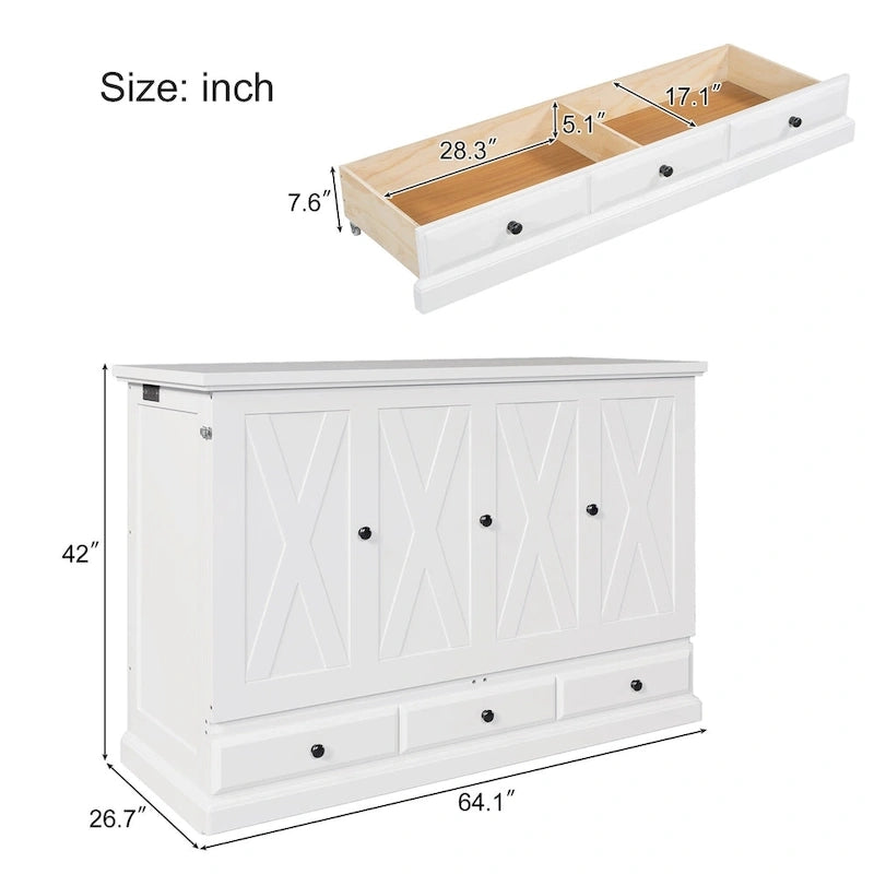 Farmhouse Murphy Bed Convertible Space-Saving Cube Chest Cabinet with Large Drawers and Charging Station, Foldable Platform Bed