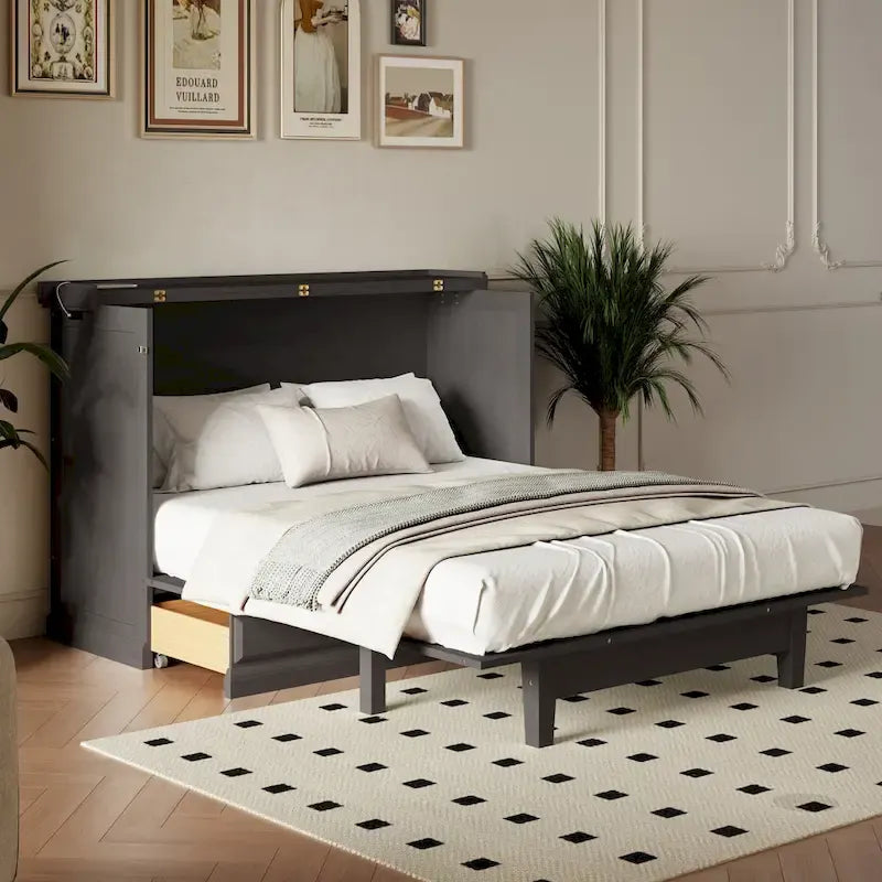 Farmhouse Murphy Bed Convertible Space-Saving Cube Chest Cabinet with Large Drawers and Charging Station, Foldable Platform Bed