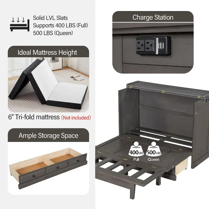 Farmhouse Murphy Bed Convertible Space-Saving Cube Chest Cabinet with Large Drawers and Charging Station, Foldable Platform Bed