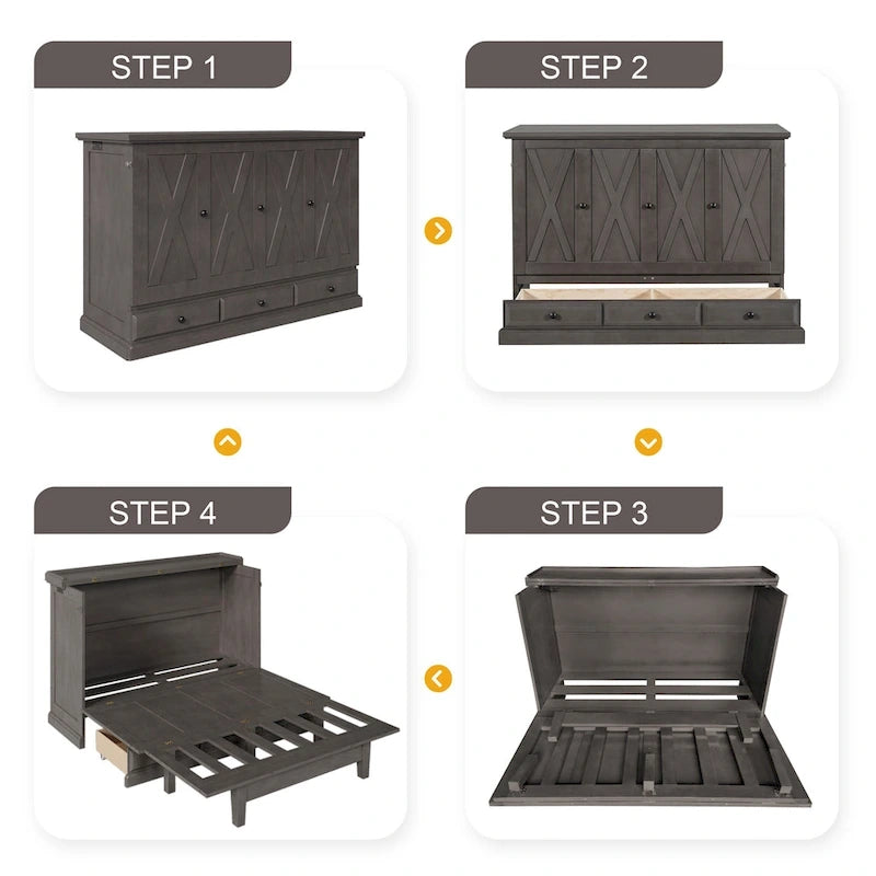 Farmhouse Murphy Bed Convertible Space-Saving Cube Chest Cabinet with Large Drawers and Charging Station, Foldable Platform Bed