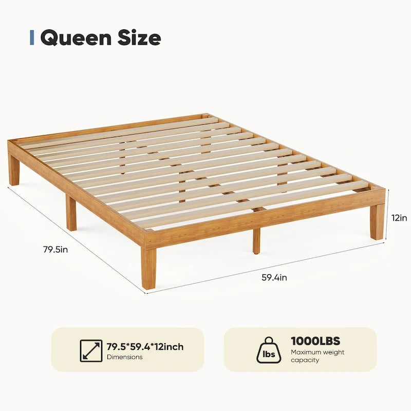 Queen Size Solid Wood Platform Bed with 1000lb Capacity, Under-Bed Storage ( No Headboard)