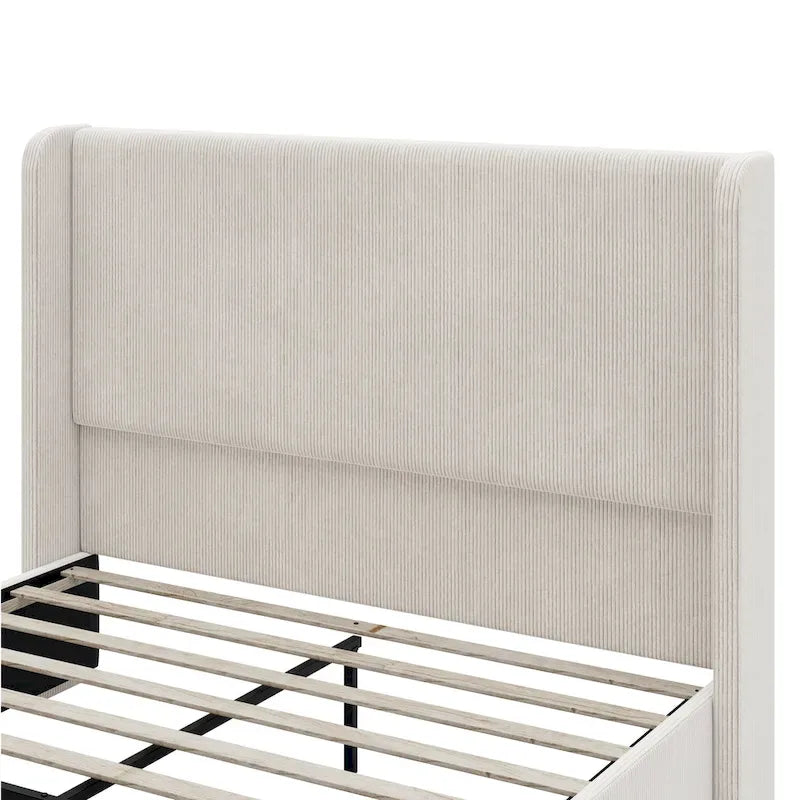 King Size Corduroy Upholstered Bed with 47 Wingback Headboard with Metal/Wood Frame (No Box Spring Needed)