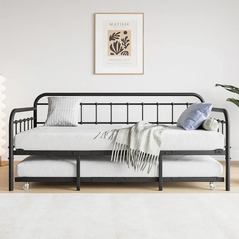 Twin Size Metal Daybed with Trundle and Heavy Duty Steel Slat Support for Bedroom