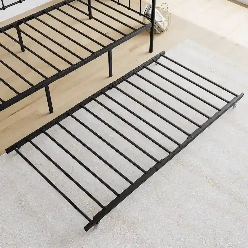Twin Size Metal Daybed with Trundle and Heavy Duty Steel Slat Support for Bedroom