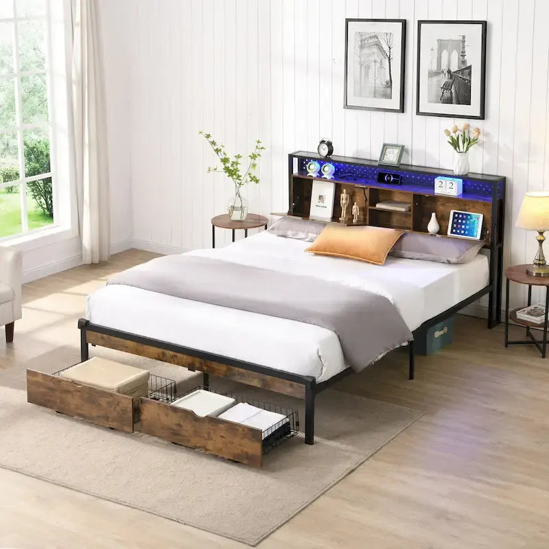 King Size Modern Metal Platform Bed with Wooden Headboard,2 Drawers and LED Lights