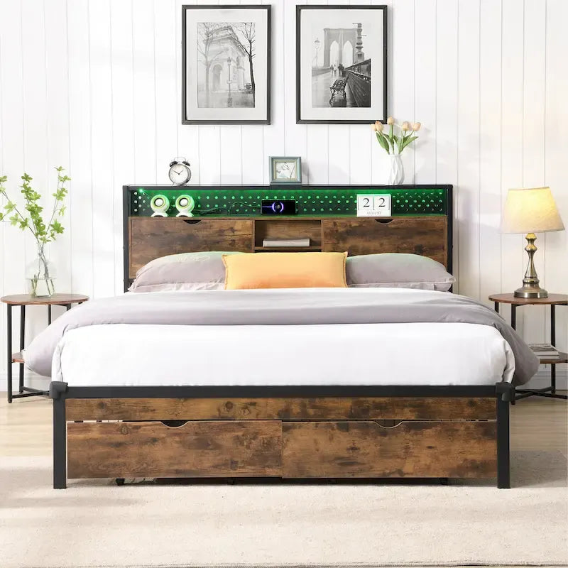 King Size Modern Metal Platform Bed with Wooden Headboard,2 Drawers and LED Lights
