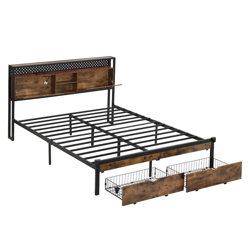 King Size Modern Metal Platform Bed with Wooden Headboard,2 Drawers and LED Lights