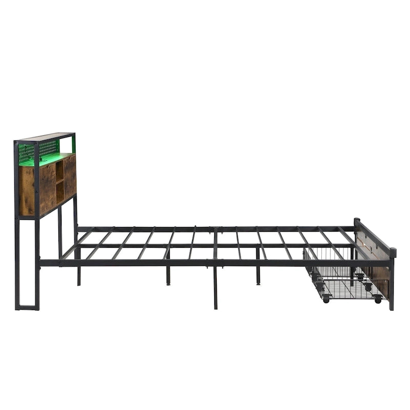 King Size Modern Metal Platform Bed with Wooden Headboard,2 Drawers and LED Lights