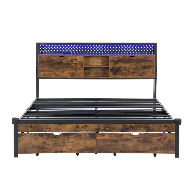 King Size Modern Metal Platform Bed with Wooden Headboard,2 Drawers and LED Lights