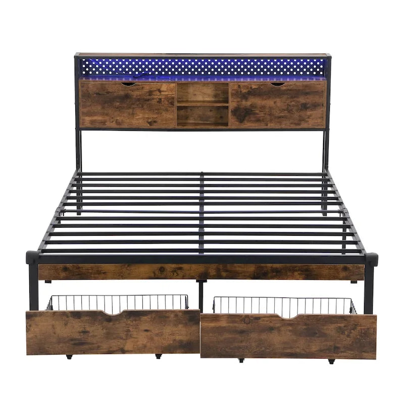 King Size Modern Metal Platform Bed with Wooden Headboard,2 Drawers and LED Lights