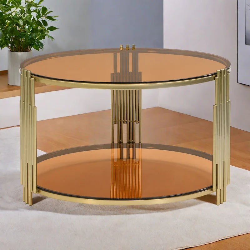 31.5 Tempered Glass Coffee Table with Asymmetrical Metal Design and Lower Shelf