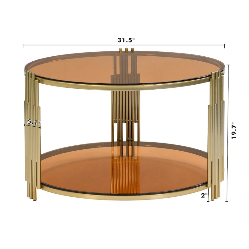 31.5 Tempered Glass Coffee Table with Asymmetrical Metal Design and Lower Shelf