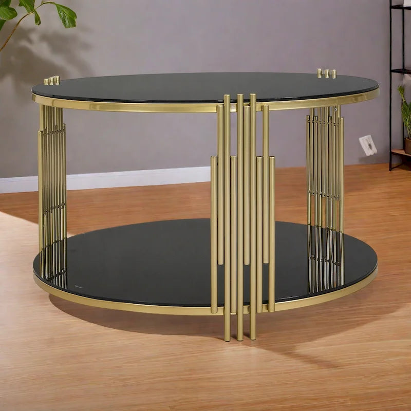 31.5 Tempered Glass Coffee Table with Asymmetrical Metal Design and Lower Shelf