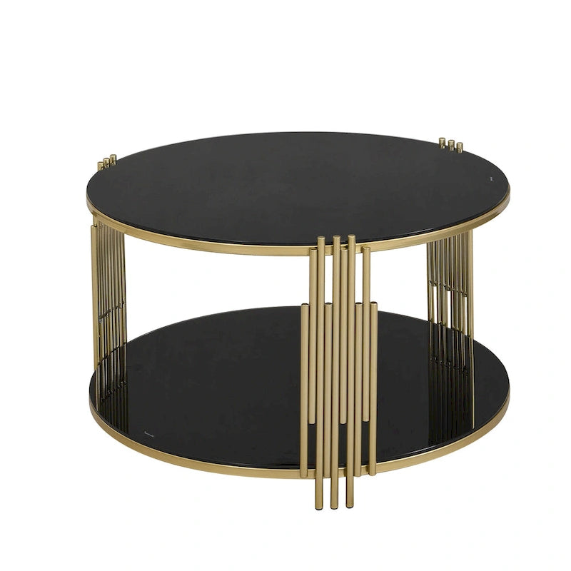 31.5 Tempered Glass Coffee Table with Asymmetrical Metal Design and Lower Shelf