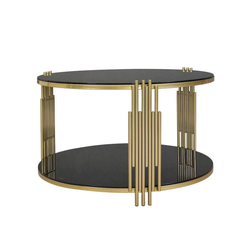 31.5 Tempered Glass Coffee Table with Asymmetrical Metal Design and Lower Shelf