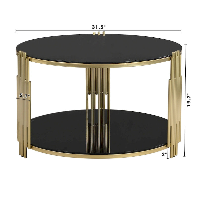 31.5 Tempered Glass Coffee Table with Asymmetrical Metal Design and Lower Shelf