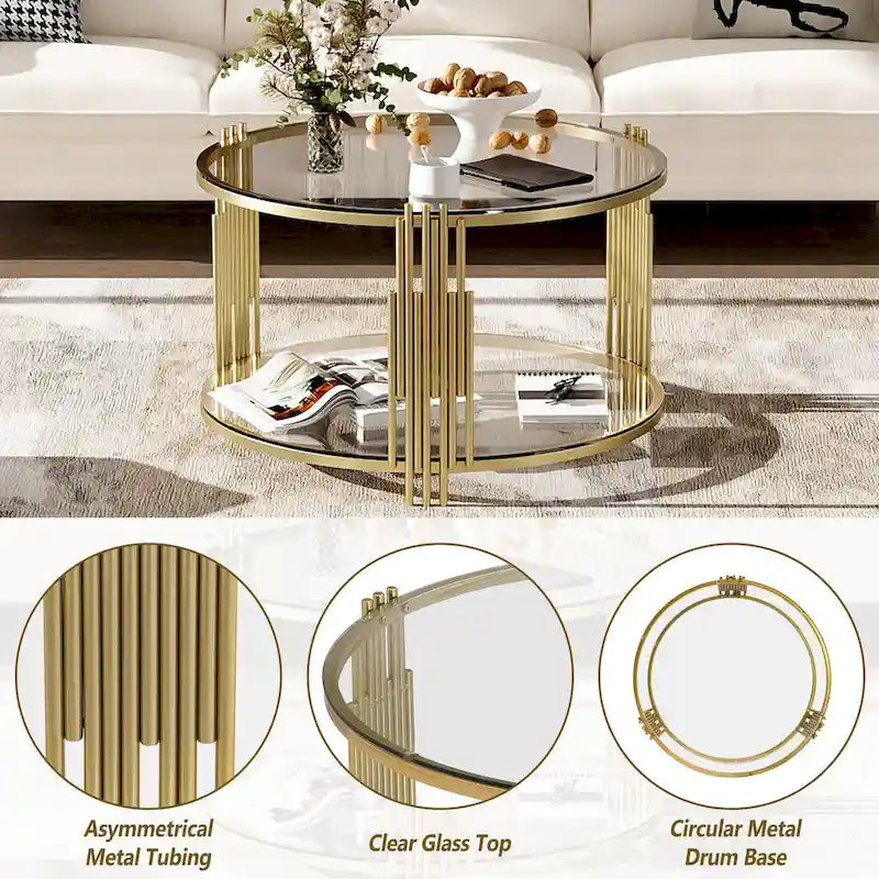 31.5 Tempered Glass Coffee Table with Asymmetrical Metal Design and Lower Shelf