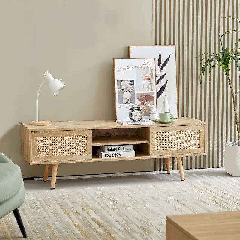 55.12 TV Stand with Double Sliding Doors, Solid Wood Legs and Adjustable Shelf for Living Room