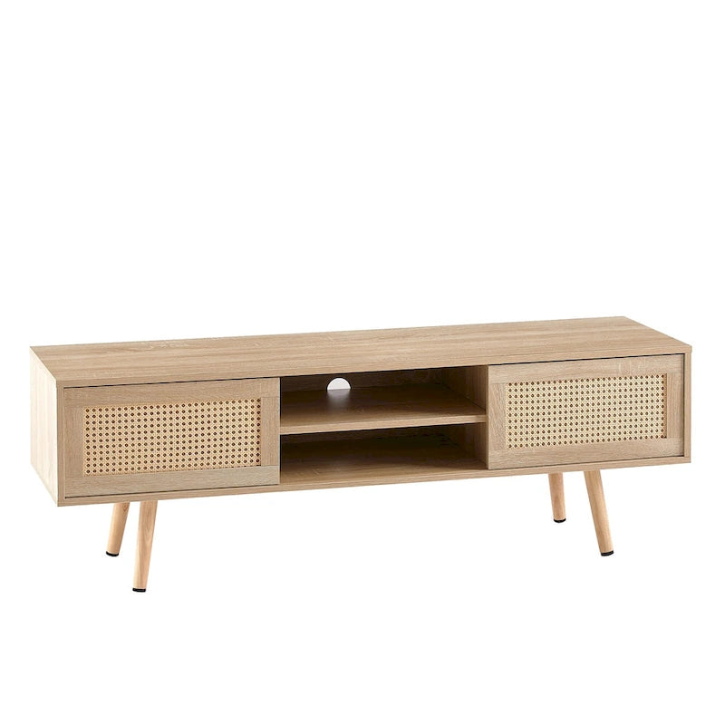 55.12 TV Stand with Double Sliding Doors, Solid Wood Legs and Adjustable Shelf for Living Room