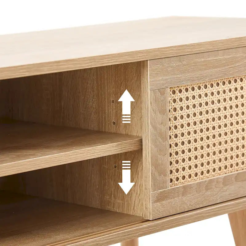 55.12 TV Stand with Double Sliding Doors, Solid Wood Legs and Adjustable Shelf for Living Room