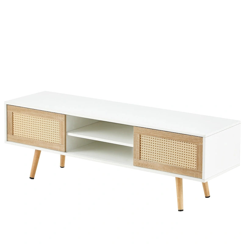55.12 TV Stand with Double Sliding Doors, Solid Wood Legs and Adjustable Shelf for Living Room